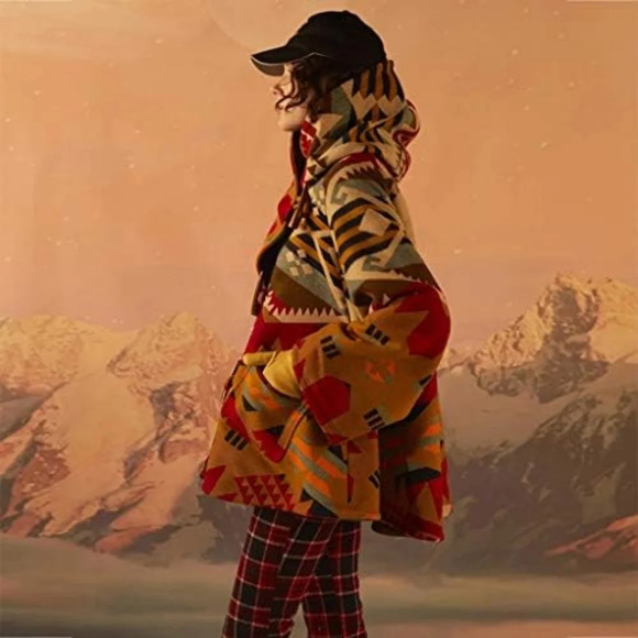 Casual Retro Print Hooded Jacket With Pockets, ORANJE, XL - Picture 2 of 12